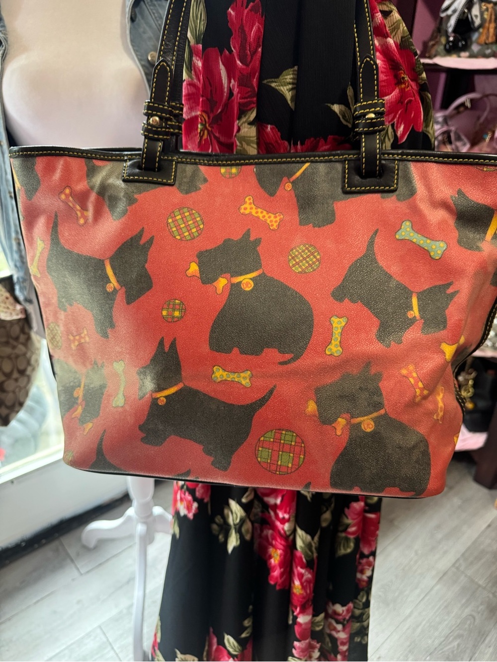 Dooney & Bourke Coral Tote with Black Scottie Dog Print